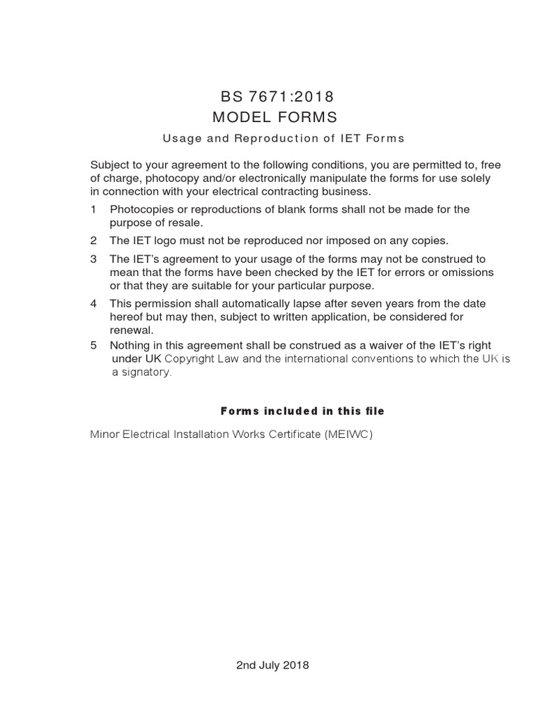 Bs 76712018 Model Forms Minor Electrical Installation Works Certificate ...