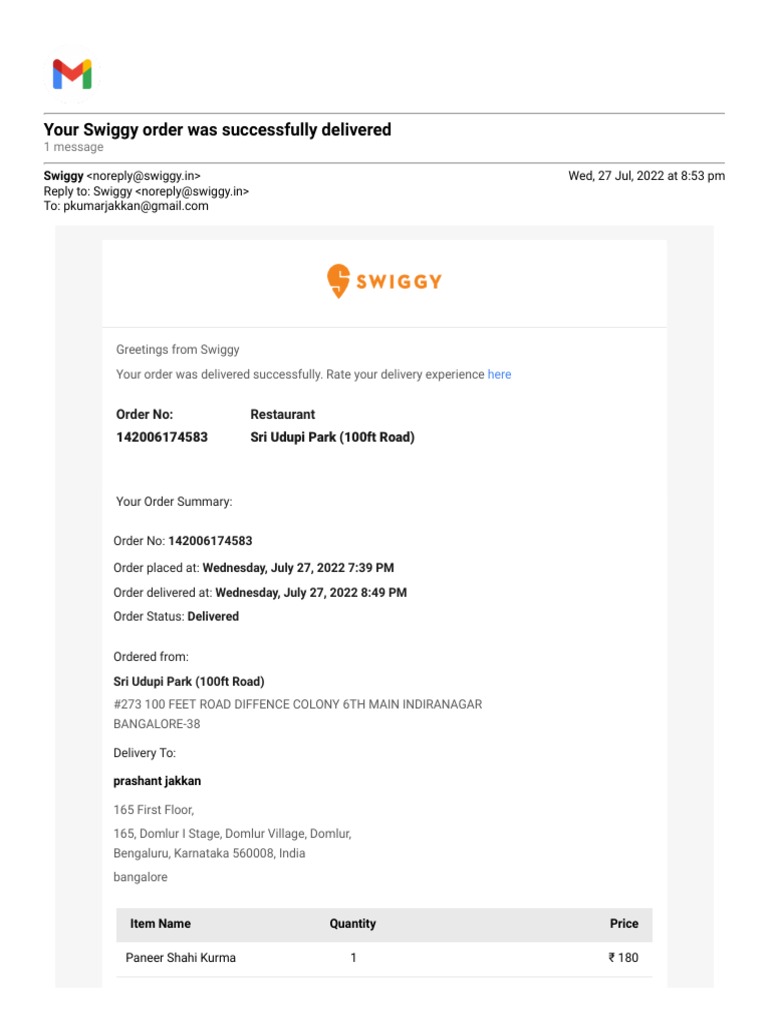 Gmail Your Swiggy Order Was Successfully Delivered Pdf
