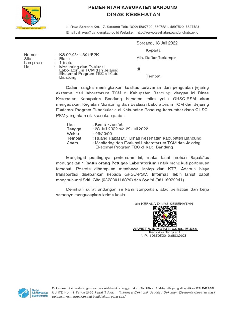 Surat Undangan - Monev Lab Dan Jajring Eksternal TBC Di Kab Bandung | PDF