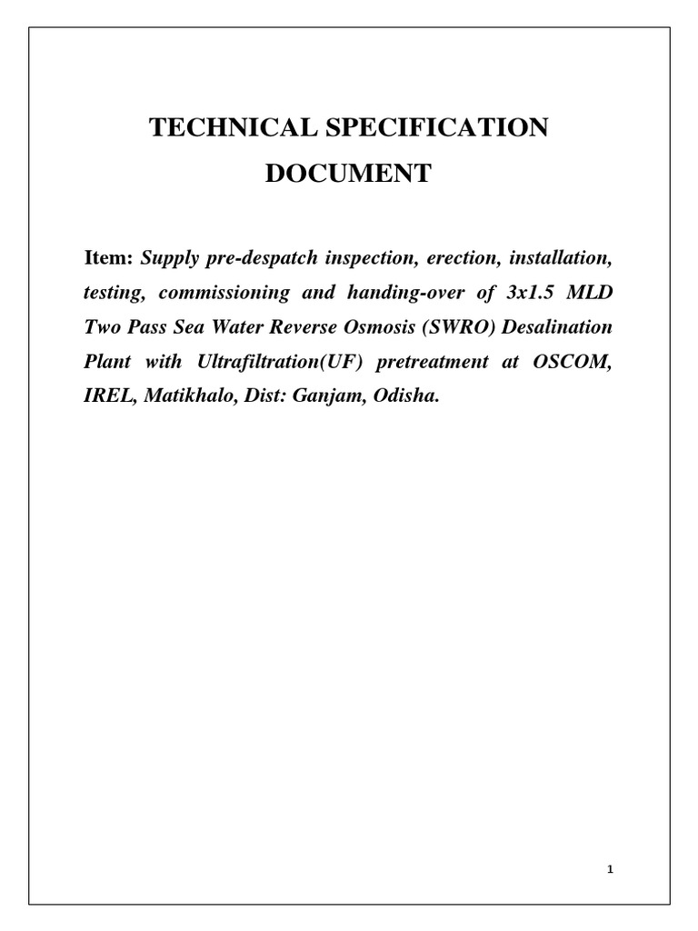 Two Pass SWRO Tender Technical Specification PDF Membrane Pump