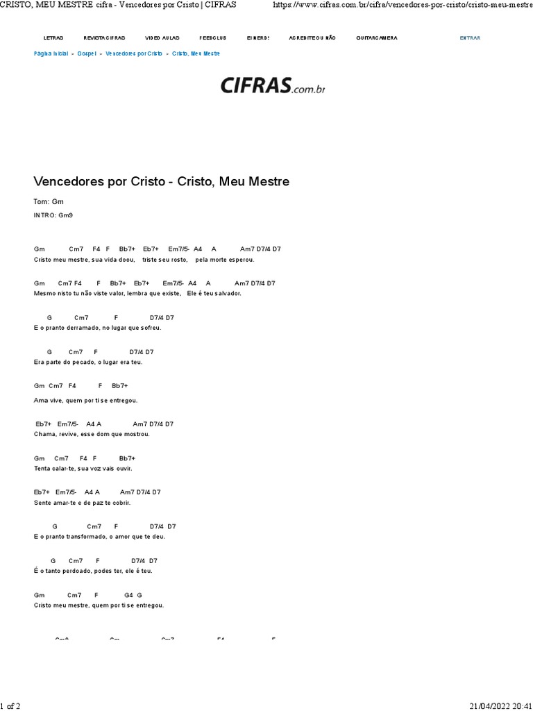 CRISTO, MEU MESTRE Cifra Vencedores Por Cristo CIFRAS PDF