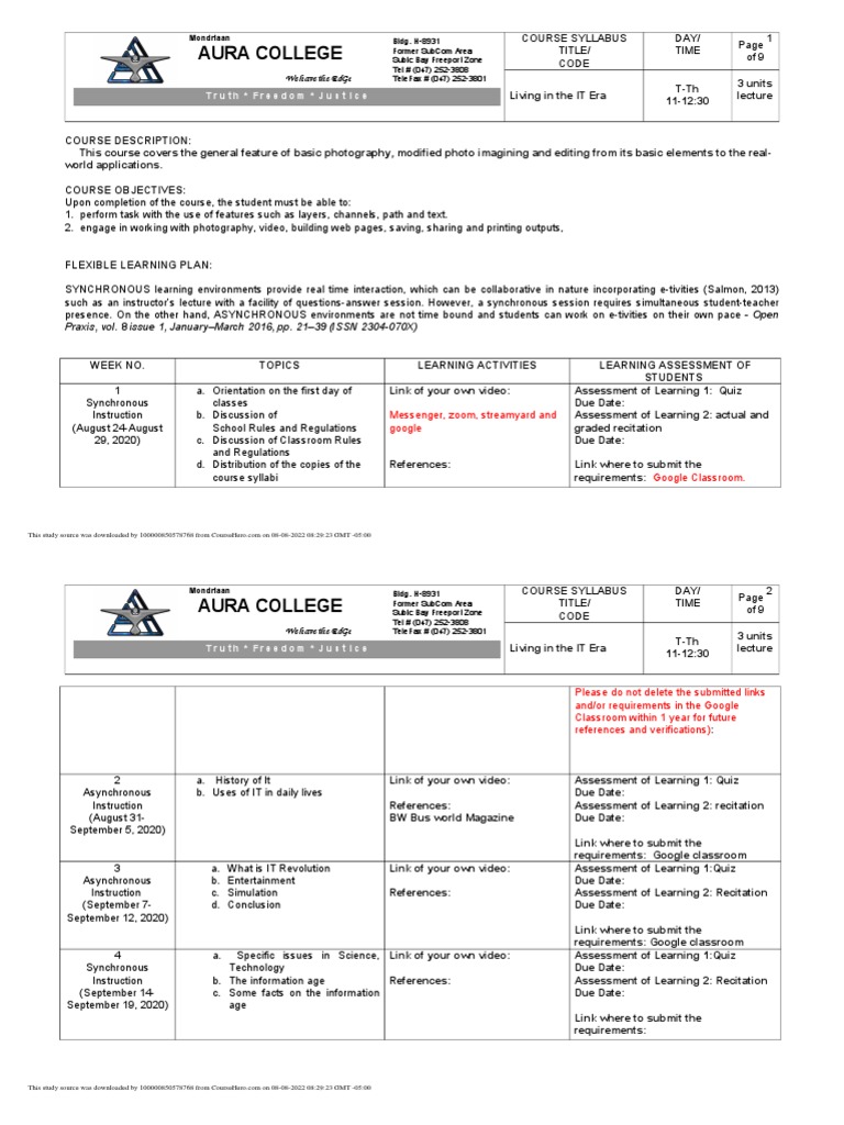 Course Syllabus: Living in the IT Era | PDF | Educational Technology ...
