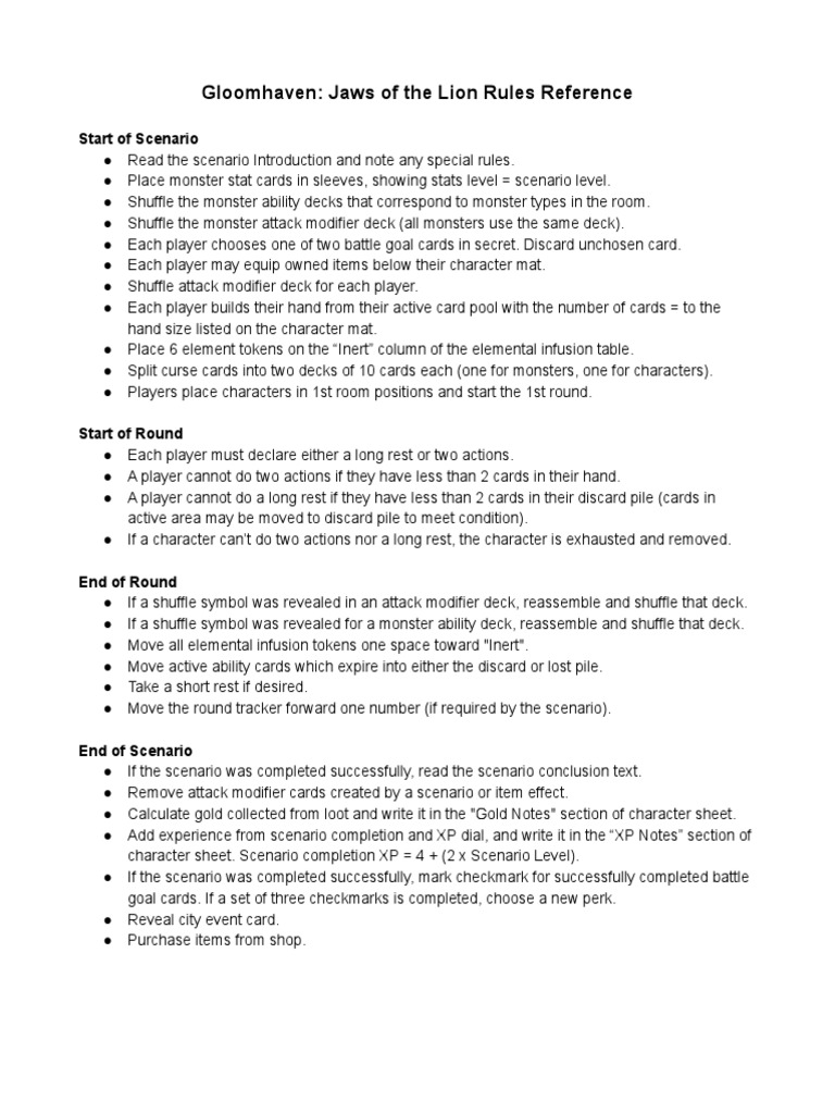 Gloomhaven Jaws of The Lion Rules Reference PDF Entertainment Gaming