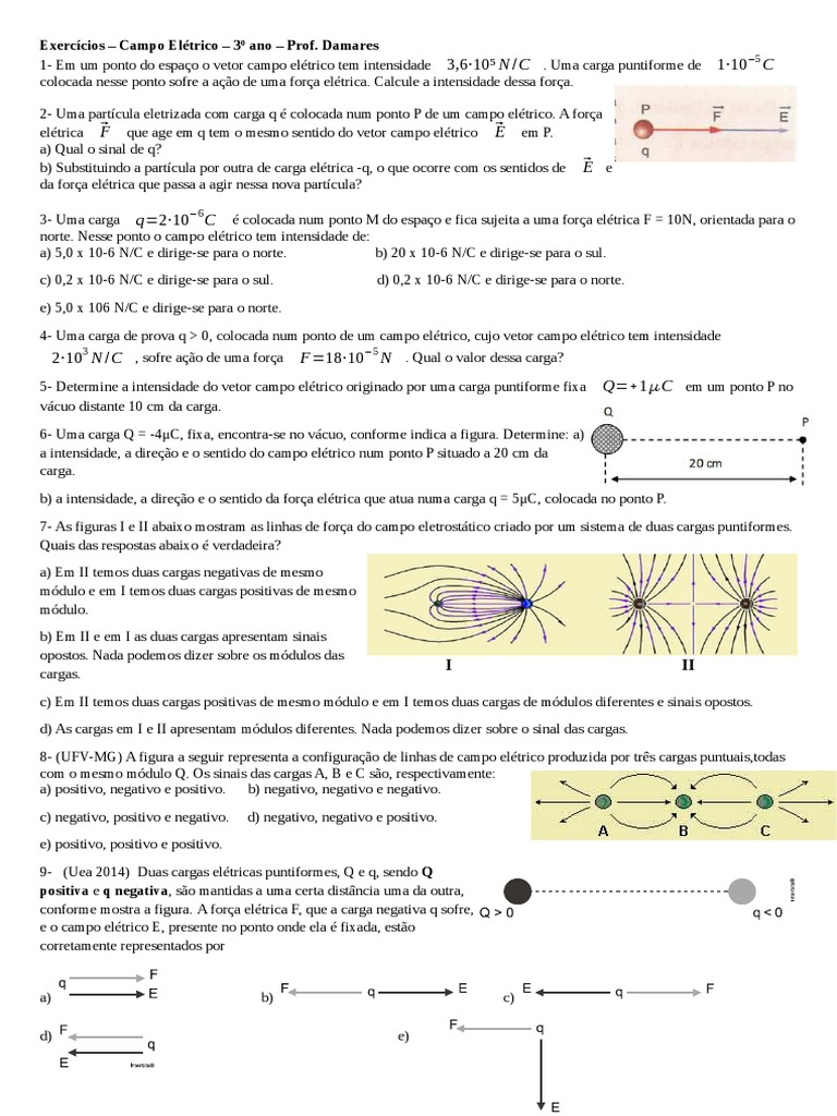 Exercícios sobre campo elétrico e força elétrica em pontos do espaço ...
