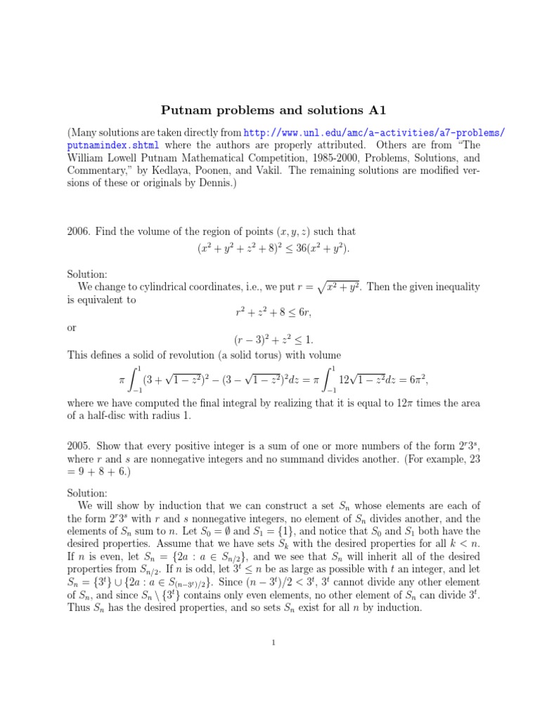Putnam Problems and Solutions A1 Putnamindex SHTML PDF Triangle