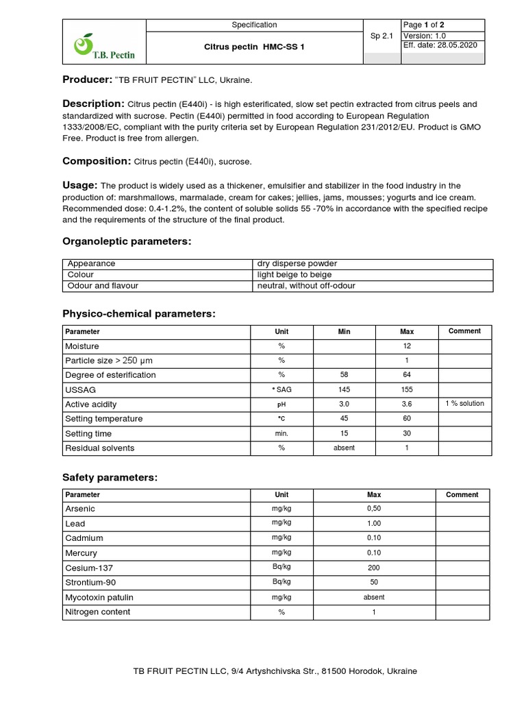 Producer Description Citrus Pectin HMCSS 1 PDF Fruit Preserves