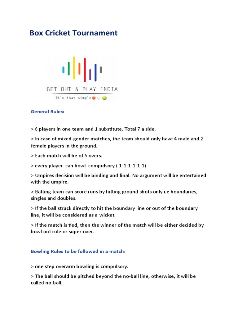 Box Cricket Tournament Rules Overview | PDF
