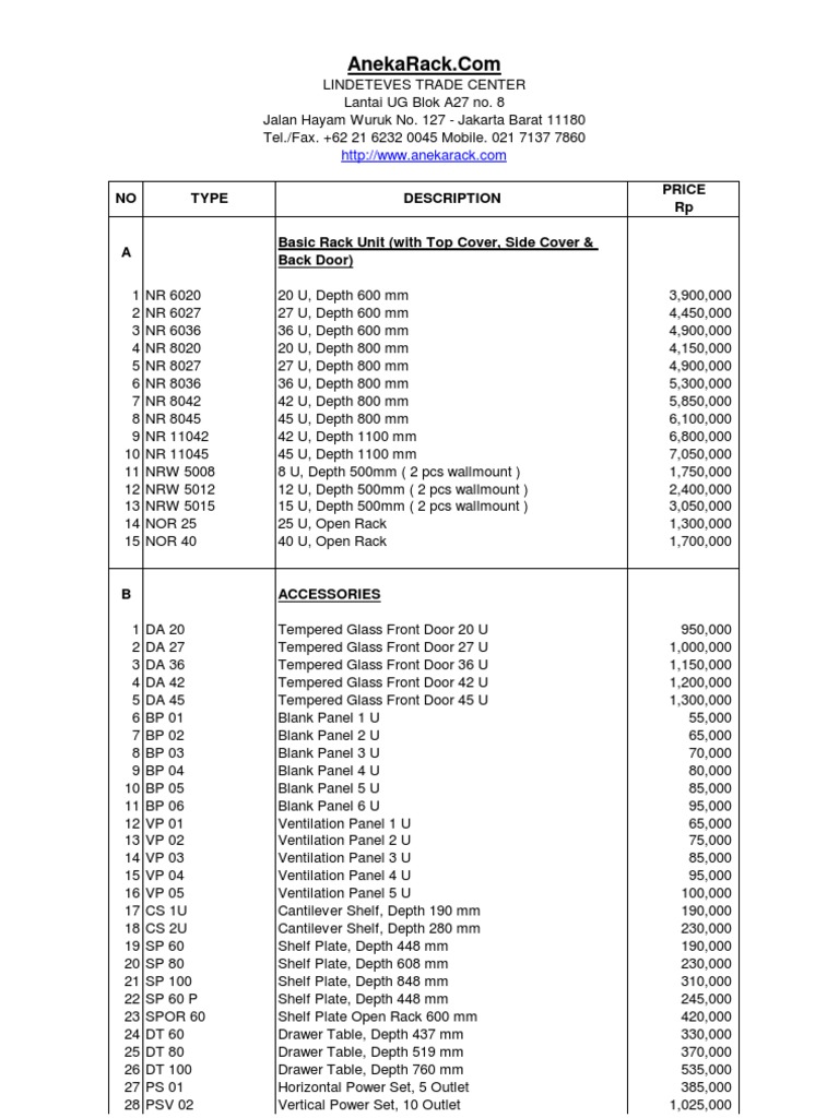 Rack Units and Accessories Pricing List | PDF | Technology & Engineering