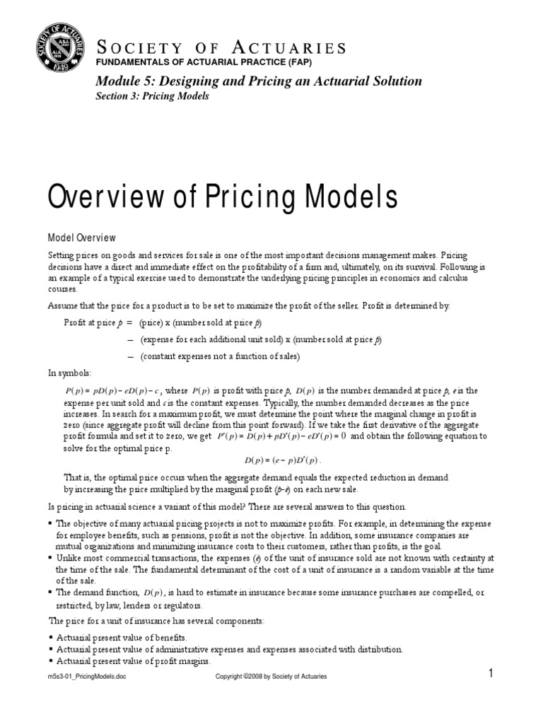Overview of Pricing Models Module 5 Designing and Pricing An