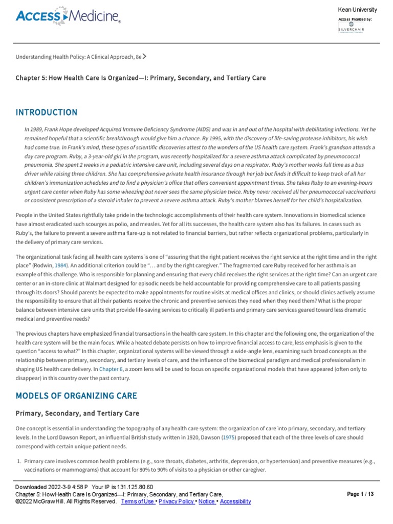 Chapter 5 - How Health Care Is Organized-I - Primary, Secondary, and ...