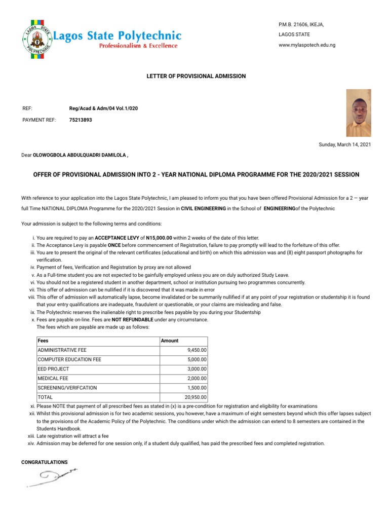 Provisional Admission Letter PDF Government Justice