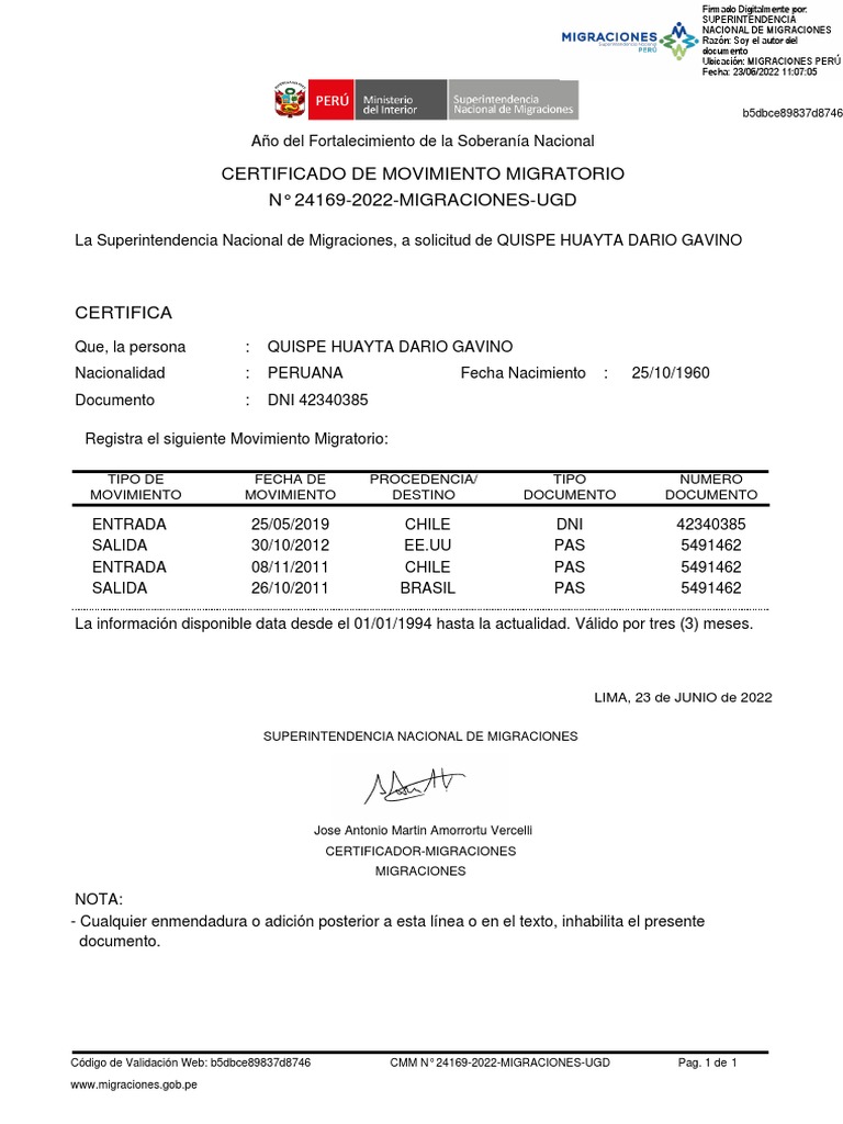Certificado Movimiento Migratorio | PDF