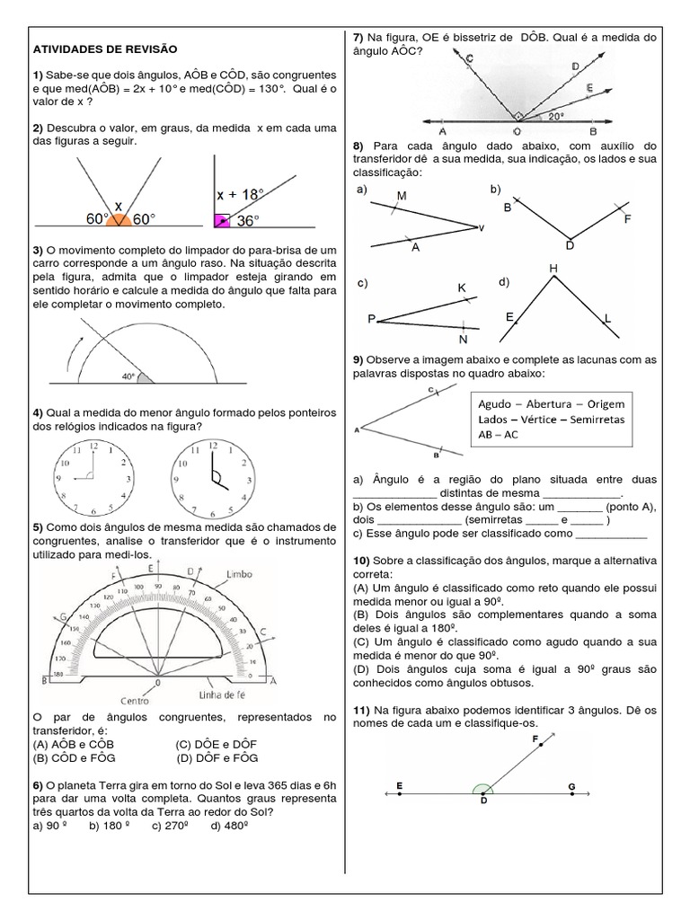 Atividades de Revisão Ângulos | PDF | Ângulo | Geometria
