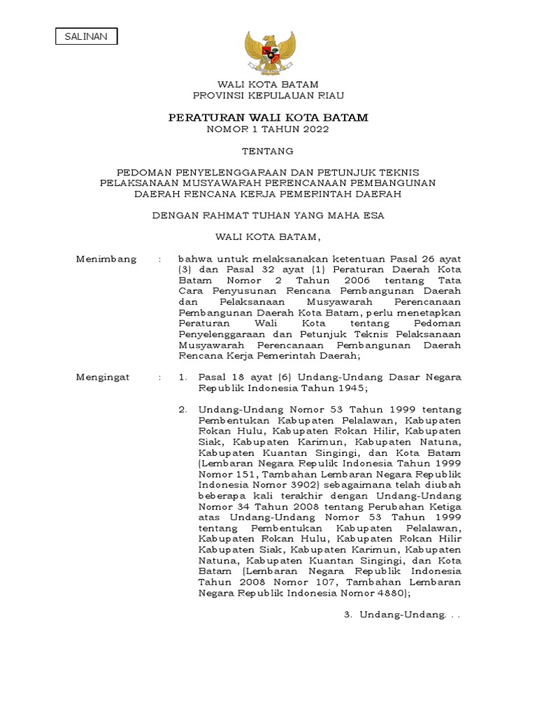 Peraturan Walikota Batam No 1 Tahun 2022 | PDF
