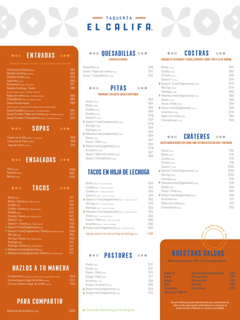 Menú Taquería El Califa | PDF | Cocina norteamericana | Alimentos