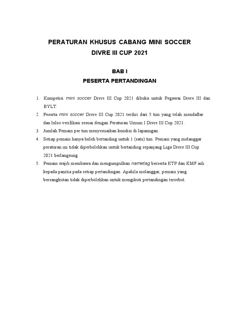 PERATURAN KHUSUS MINI SOCCER DIVRE III CUP 2021 PDF