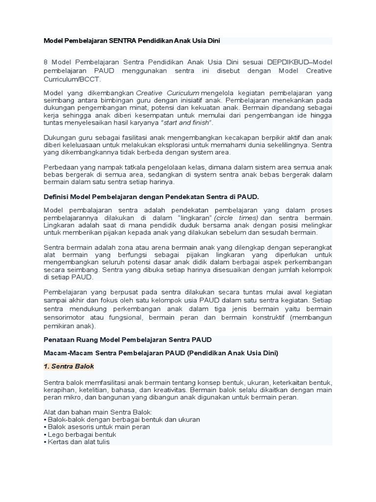 Model Pembelajaran Sentra Pendidikan Anak Usia Dini Pdf