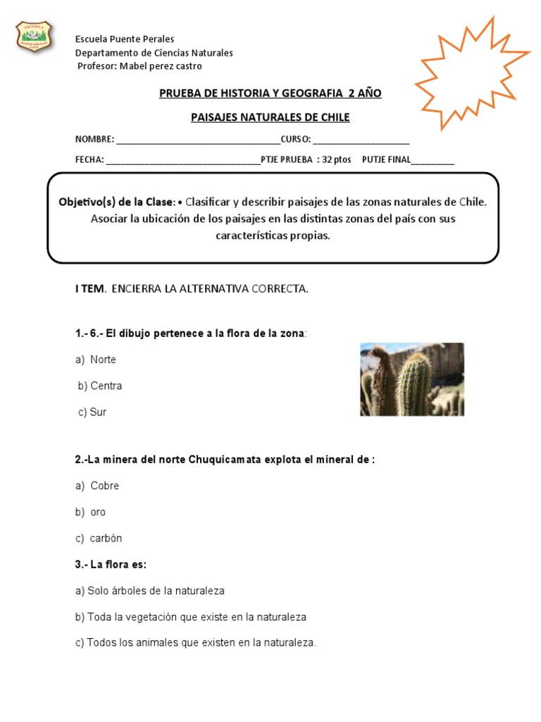 Prueba de Historia y Geografía: Chile | PDF | Chile | Fenómenos de la ...