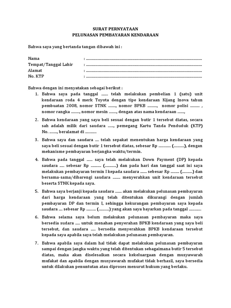 Surat Pernyataan Pelunasan Kendaraan | PDF