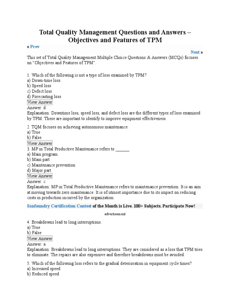 Total Quality Management Questions and Answers PDF Goal Strategic