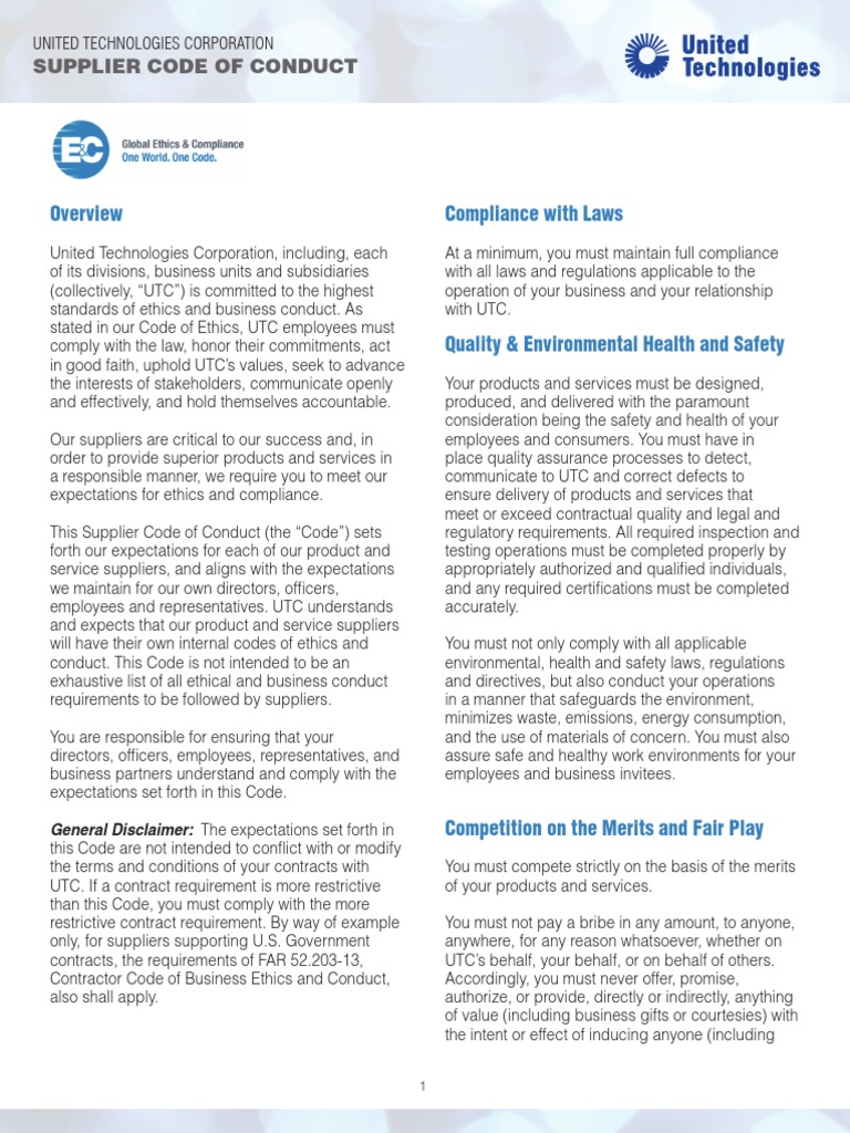 UTC Supplier Code of Conduct Overview | PDF | Employment | Regulatory ...