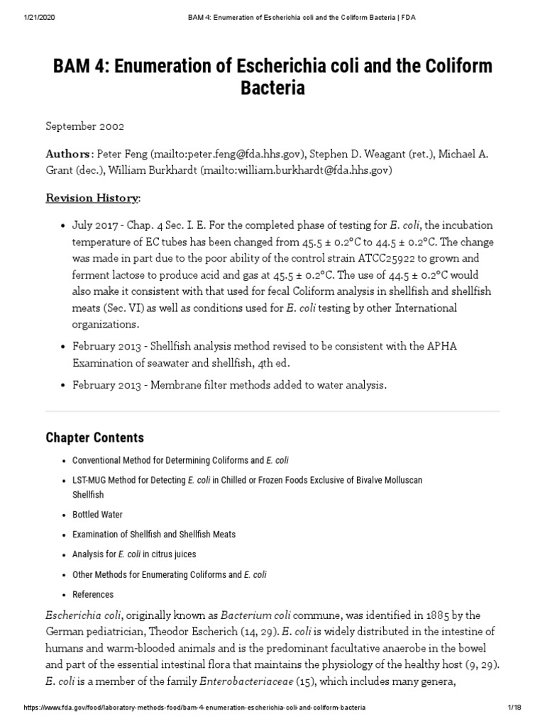Bacteriological AnalyticalManual PDF Escherichia Coli Bottled Water