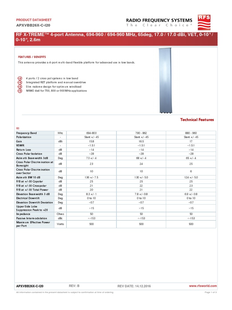 4 Port-RFS APXVBB26X-C-I20 | PDF | Antenna (Radio) | Telecommunications