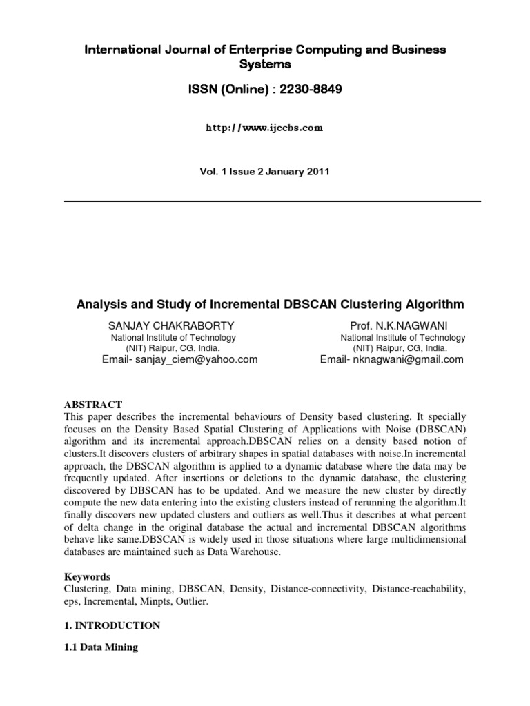 Analysis and Study of Incremental DBSCAN Clustering Algorithm | PDF