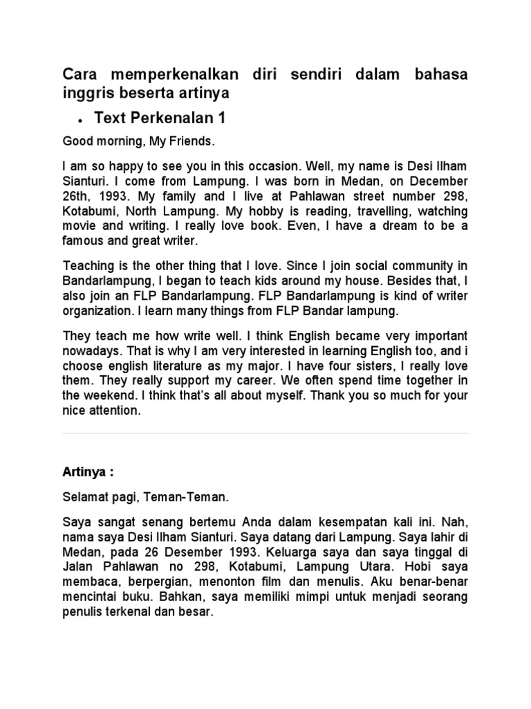Cara Memperkenalkan Diri Sendiri Dalam Bahasa Inggris Beserta Artinya | PDF