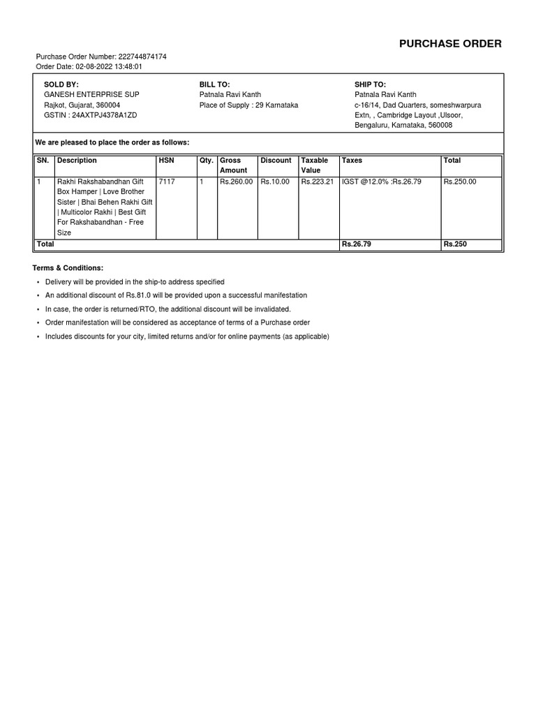 Purchase Order: Sold By: Bill To: Ship To | PDF