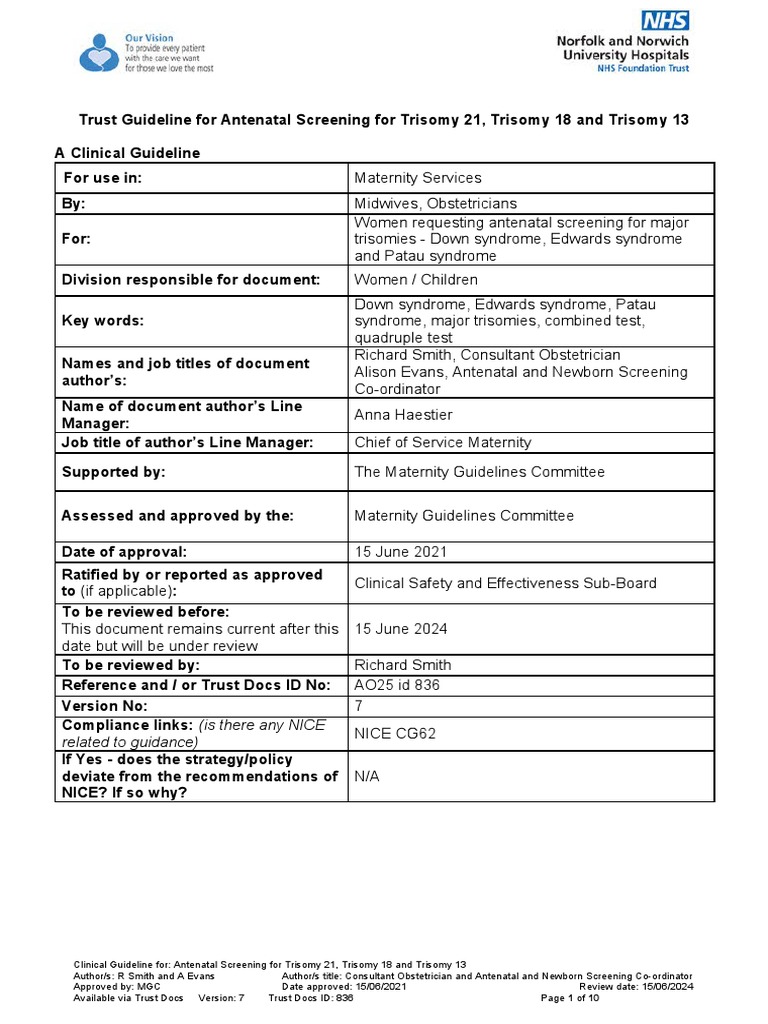 Antenatal Screening For Trisomy 21 Trisomy 18 and Trisomy 13 Trust