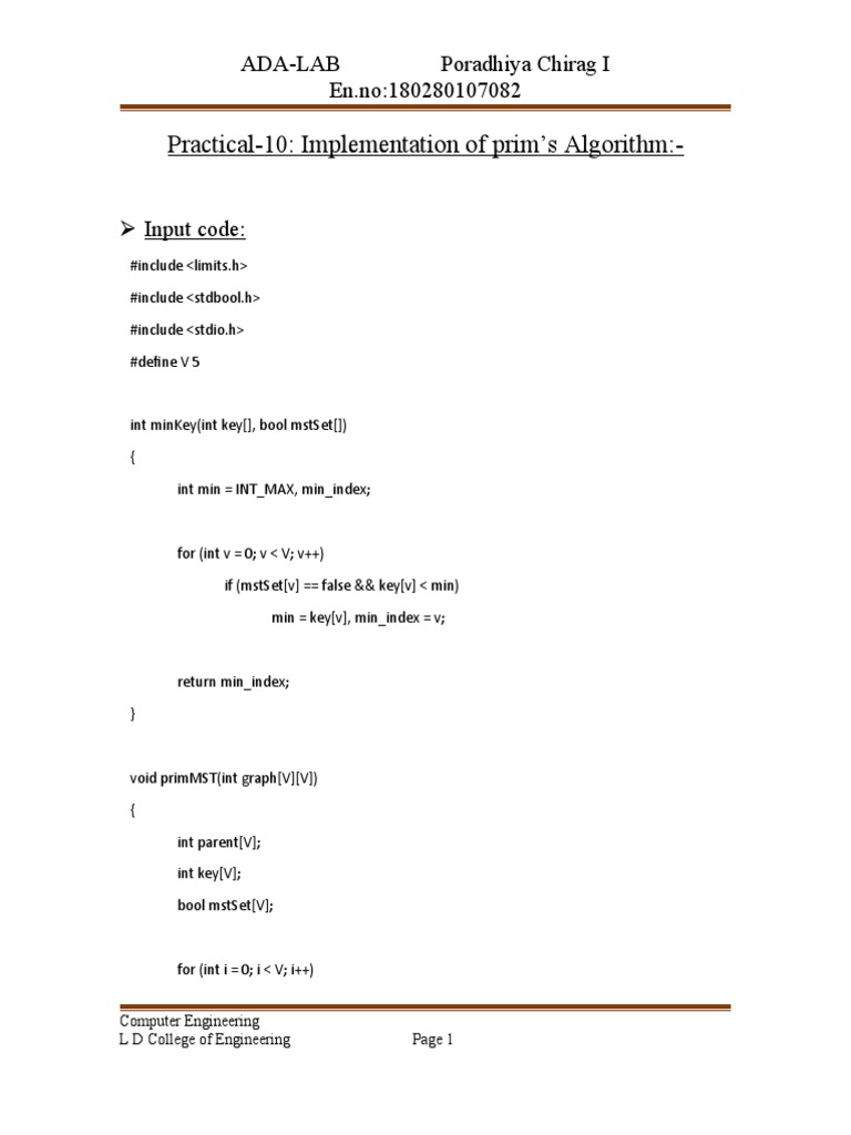 Prim's Algorithm C Implementation | PDF