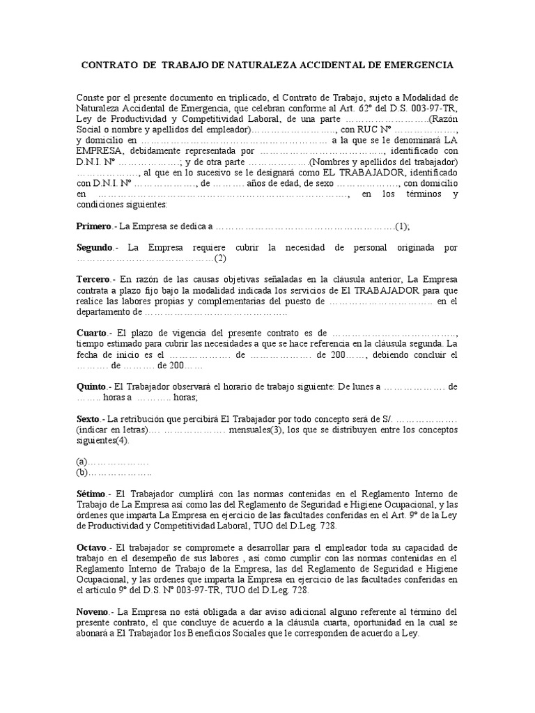 Contrato de Trabajo Accidental de Emergencia | PDF | Derecho laboral ...