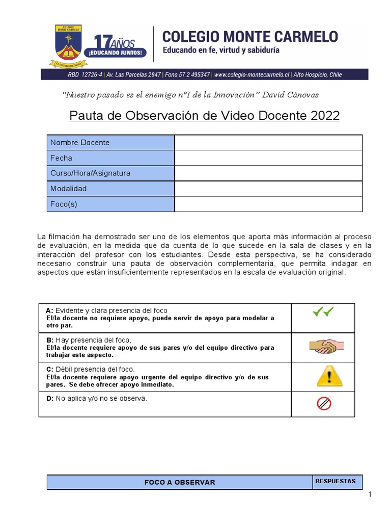 Pauta de Observación Docente 2022 | PDF | Aprendizaje | Autoeficacia