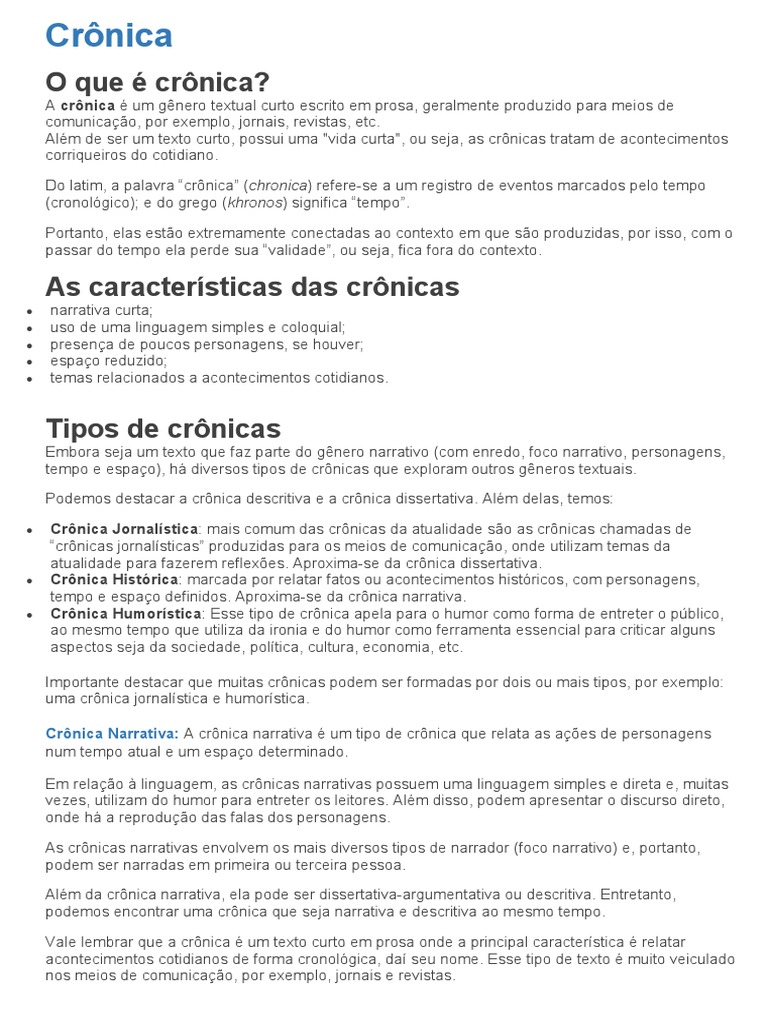 Cronica Definição Tipos e Exemplos | PDF