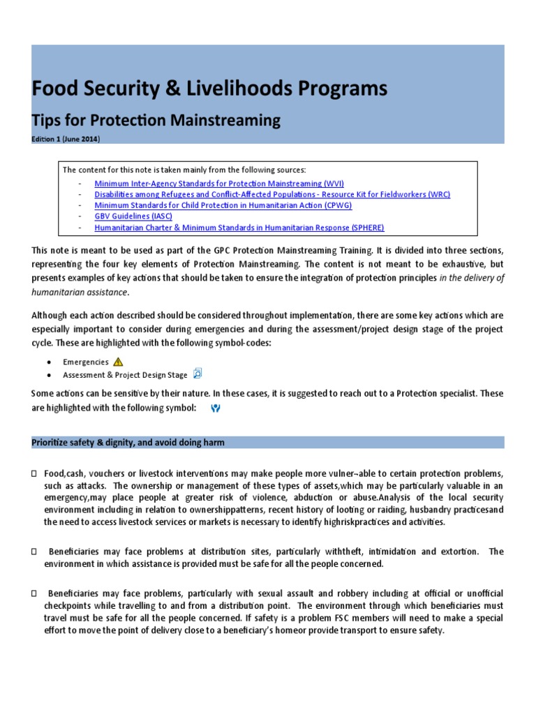 Protection Mainstreaming Tip Sheet FSL Programs PDF Food Security