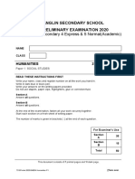 Tanglin Secondary School Preliminary Examination 2020: Secondary 4 Express & 5 Normal (Academic)