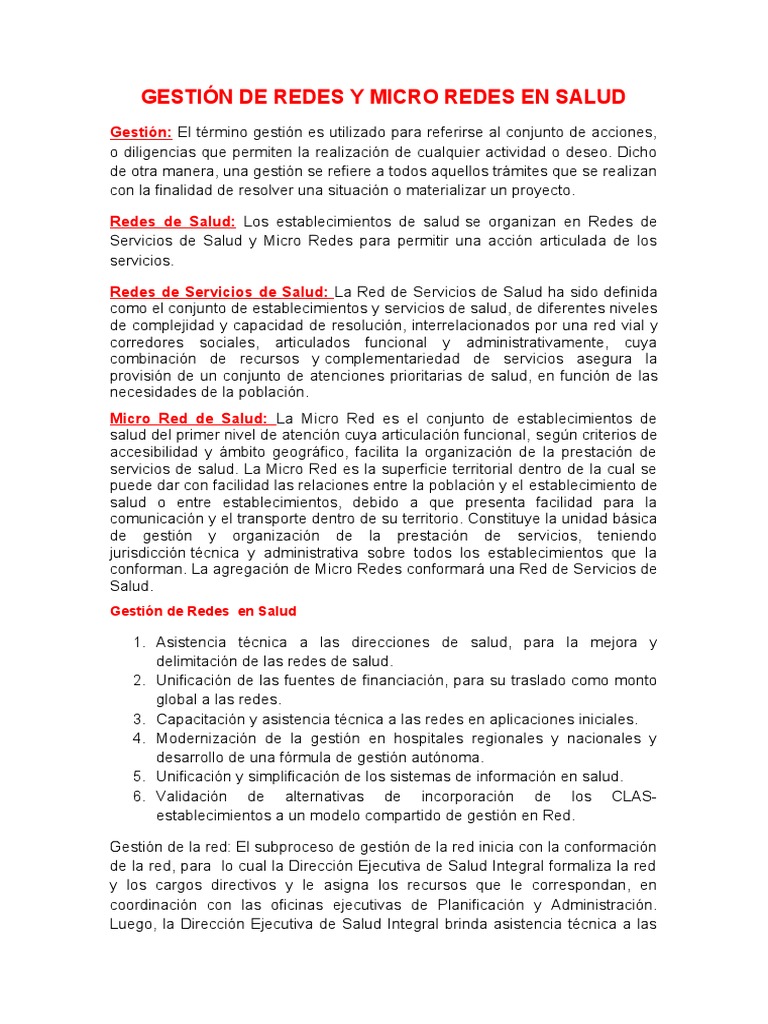 Gestión de Redes y Micro Redes en Salud | PDF | Gestión de recursos ...