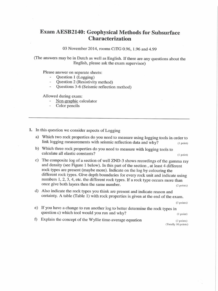 Exam AESB2140: Geophysical Methods For Subsurface Characterization ...
