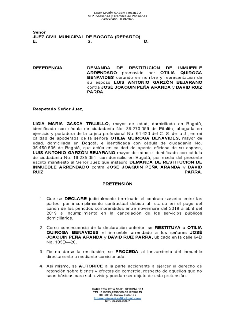 Demanda - Restitución de Inmueble Arrendado | PDF | Demanda judicial ...