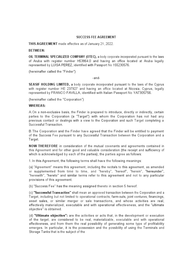 Success Fee Agreement PDF Indemnity Mergers And Acquisitions