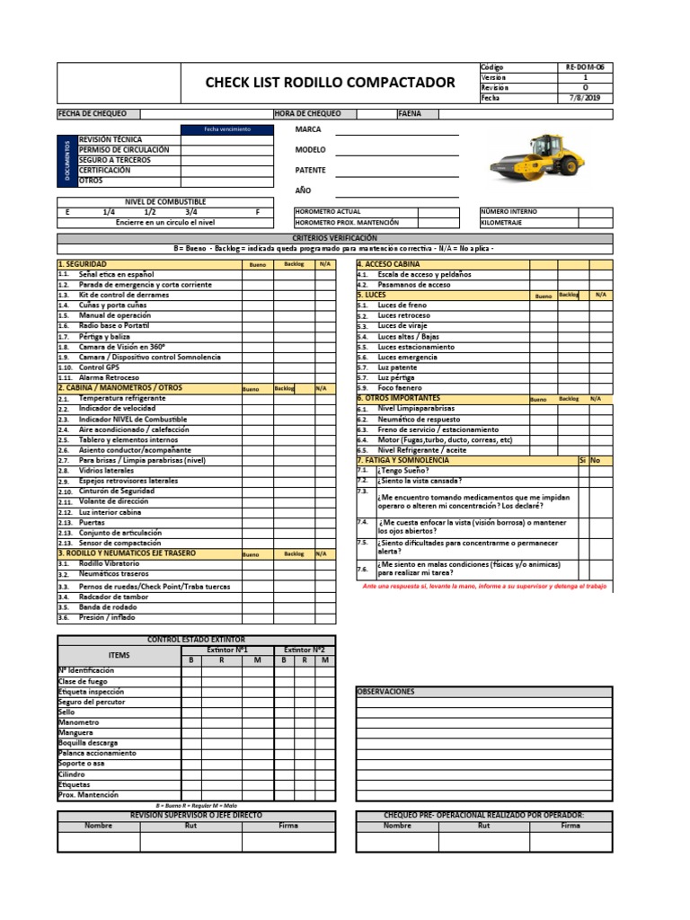 Check List Rodillo Compactador | PDF | Tecnología de vehículos ...