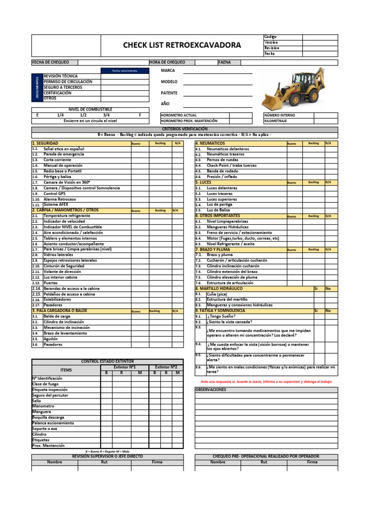 Check List Retroexcavadora | PDF | Materiales de construcción | Bienes ...