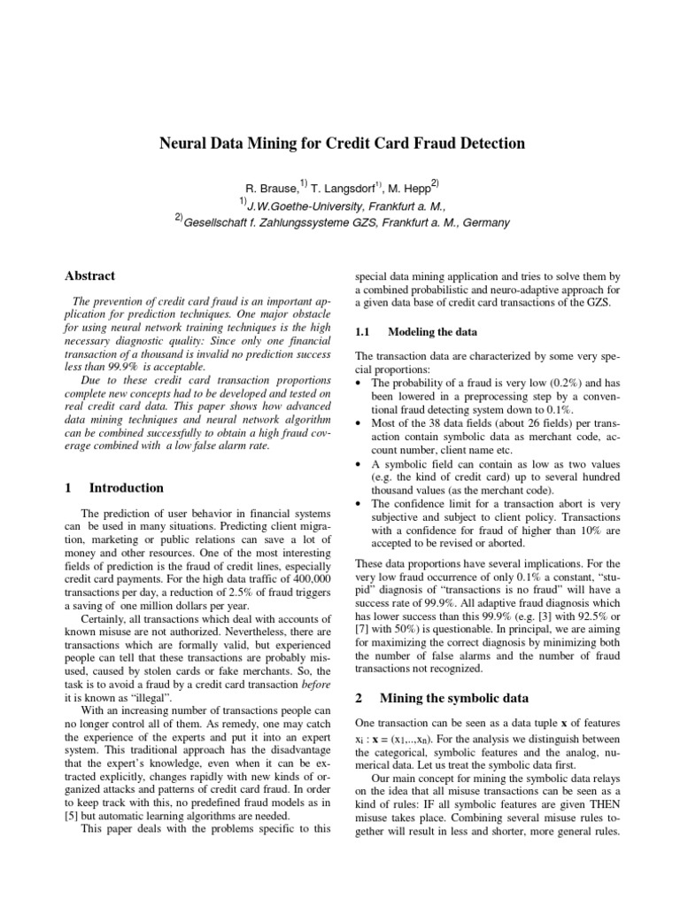Neural Data Mining For Credit Card Fraud Detection PDF Credit Card Artificial Neural Network