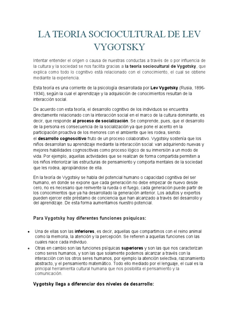 La Teoria Sociocultural de Lev Vygotsky | PDF | Sicología | Aprendizaje