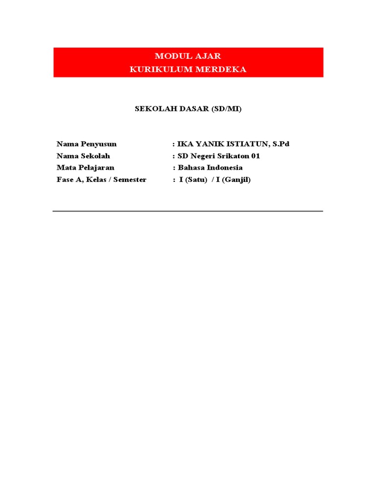 Modul Ajar Bahasa Indonesia SD Kelas 1 | PDF | Seni & Disiplin Bahasa ...