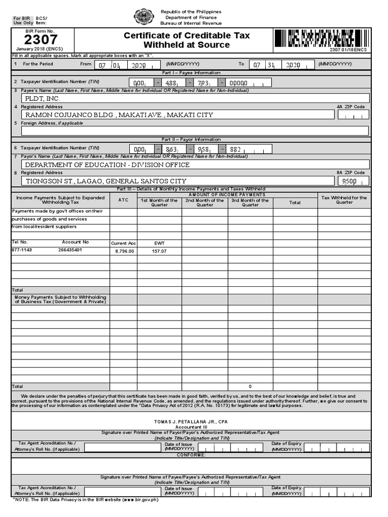 Certificate of Creditable Tax Withheld 2307 | PDF | Value Added Tax | Taxes