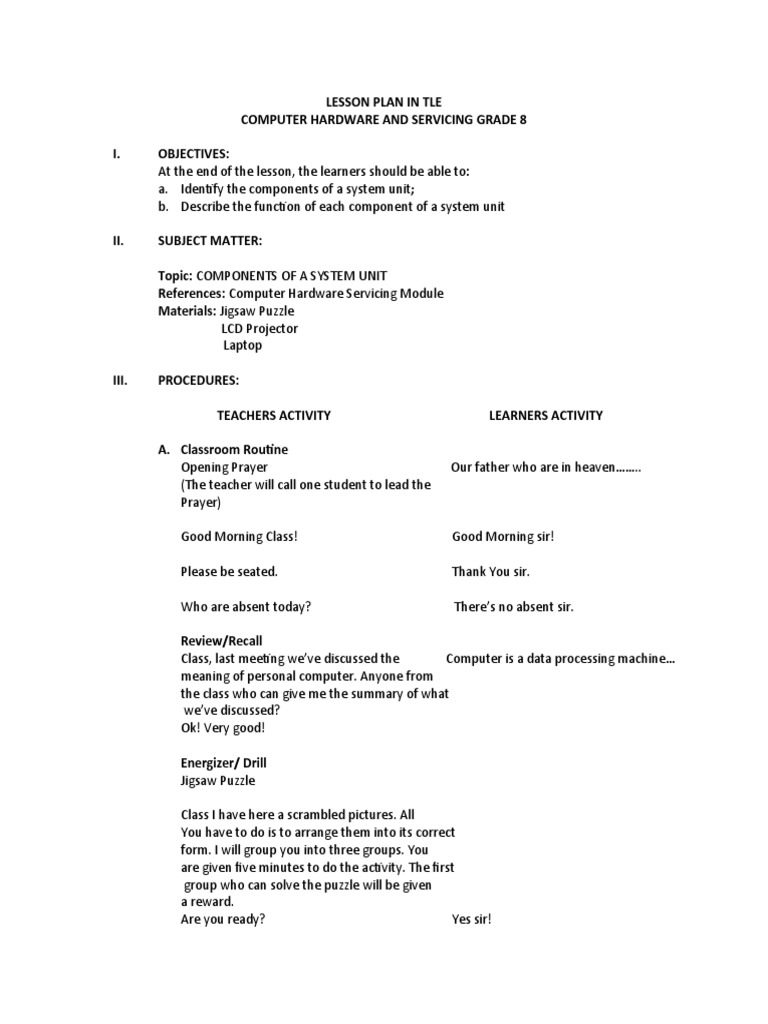 Grade 8 Computer Hardware Lesson Plan | PDF | Computer Hardware ...