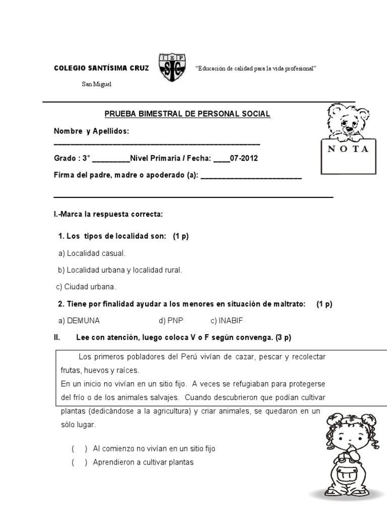 Examen Bimestral de Personal Social | PDF