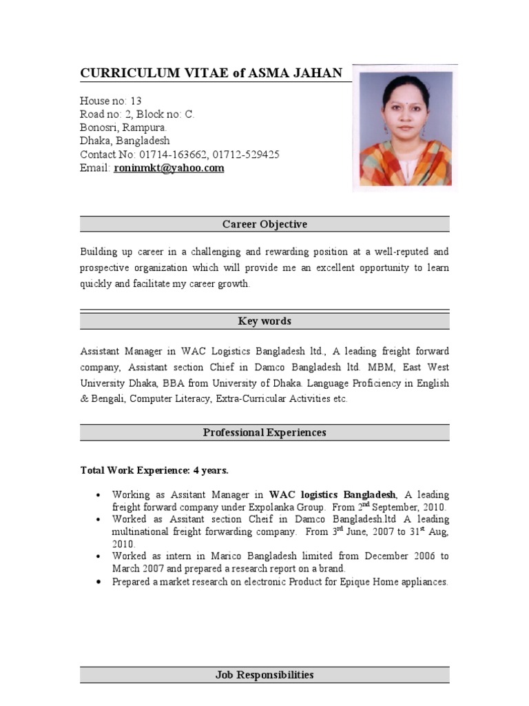 Cv For Bangladesh Cv For Bangladesh Curriculum Vitae Cv Format 20 - Riset